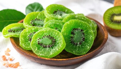 Slices Of Dried Green Kiwi Fruit Served In A Small Wooden Bowl
