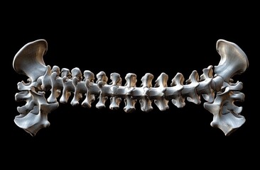 Detailed metallic sculpture resembling a human spine with pelvis sections on both ends against a black background