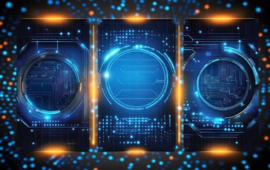Three glowing futuristic blue interface panels with circular circuit hubs, neon dots and orange accents, sleek high-tech digital control displays conveying energy and precision