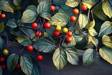 Close-up of vine with clusters of red and yellow berries and textured green leaves resting on a wooden plank, tranquil autumnal mood