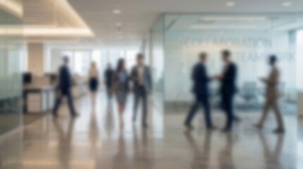 Fototapeta premium Abstract Blurred Background of Business People Walking in a Modern Office Building Hallway