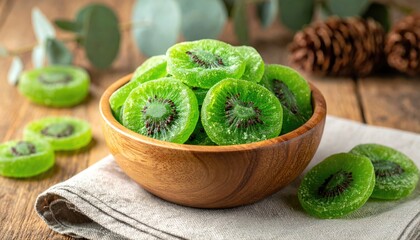 Candied green kiwi fruit slices in a small round wooden bowl