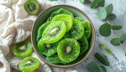 Green Dried Kiwi Fruit Slices in Ceramic Bowl with Eucalyptus Leaves