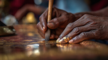 Hands crafting golden details during Maha Muni Pagoda Festival in Mandalay, Myanmar