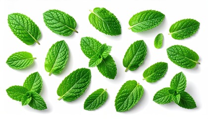 Fresh Green Mint Leaves Collection Isolated On White Background