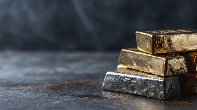 Small Pile Of Gold And Silver Bullion Bars On Rough Stone Table 