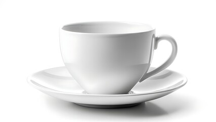 Obraz premium A glossy, pristine white ceramic teacup and saucer. The cup sits on the saucer, casting a soft shadow on the white background