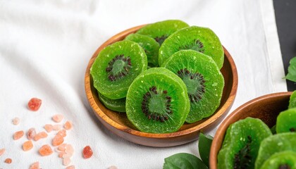 Slices Of Dried Green Kiwi Fruit Served In A Small Wooden Bowl