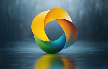 Glossy multicolored ribbon loop of yellow, orange, green and blue floating above a reflective wet surface with soft bokeh background, evoking calm harmony