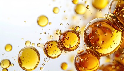 Abstract macro view of golden oil droplets in clear liquid