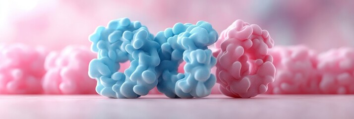 dreamy pastel blue and pink cloudlike textured shapes forming the number 360 on a glossy surface with soft bokeh background, playful and serene mood