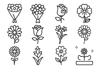 A collection of 12 unique flower illustrations in black and white