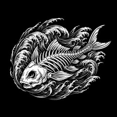 Detailed illustration of a fish skeleton emerging from crashing ocean waves.