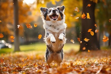 joyful tricolor dog leaping through falling autumn leaves in a sunlit park with golden trees and warm bokeh