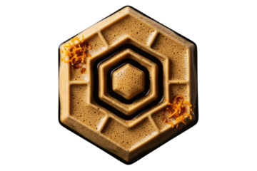 Modern hexagonal shaped sweet mousse cake with citrus garnish on a transparent background