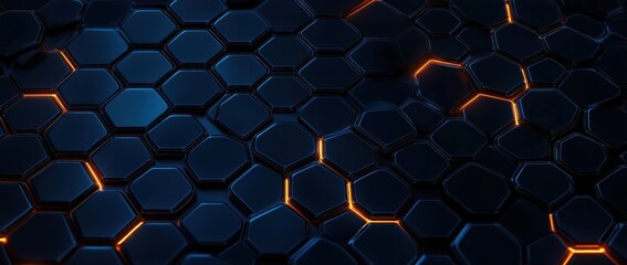 dark hexagonal grid pattern with glowing orange cracks creating a futuristic and high-tech atmosphere