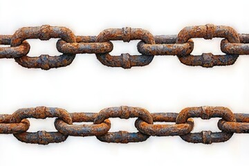 Obraz premium Two parallel heavily rusted metal chains on a white background, weathered and corroded with a gritty aged texture