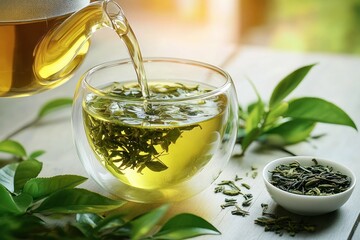 glass teapot pouring hot green tea into a double-walled glass cup with steeping loose leaves, small bowl of dried tea, fresh green leaves on a wooden table, sunlit and serene