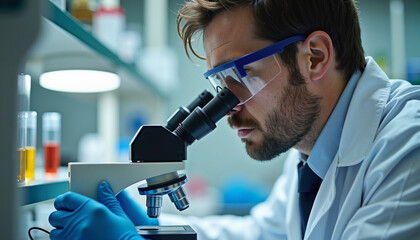 Scientist examining samples with a microscope in a laboratory setting