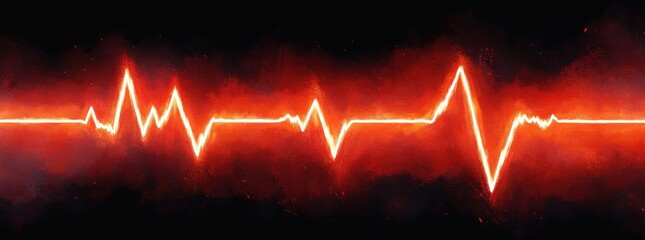 glowing fiery red heartbeat line across a dark background, intense neon electrocardiogram waveform conveying urgency, energy and life
