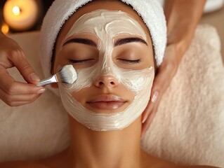 esthetician applying a creamy facial mask with a metal spatula to a relaxed client on a towel-wrapped head beside candlelight on a soft spa bed, calm and pampered mood
