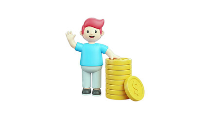 3D Character Waving with Stack of Gold Coins