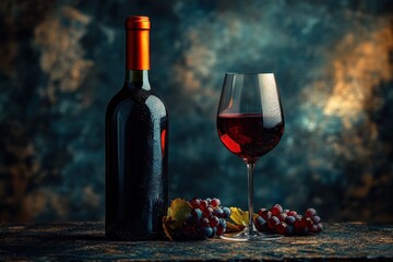 Elegant still life with a chilled bottle of red wine, a glass of red wine with condensation, ripe grape bunches and leaves on a textured table in warm moody lighting, inviting and intimate