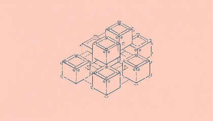 Interconnected cubes in technical drawing on pink background