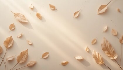 Minimalist Beige Background with Fallen Leaves