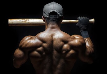shirtless muscular athlete seen from behind with backward cap and glove holding a worn baseball bat across his shoulders, sweat glistening, intense and powerful stance