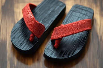 Pair of traditional wooden sandals with black bases and textured red straps resting on a wooden surface