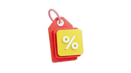 3D Red Tag with Yellow Discount Square and Percentage Symbol