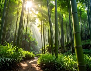 Lush bamboo forest bathed in sunlight, pathway through greenery