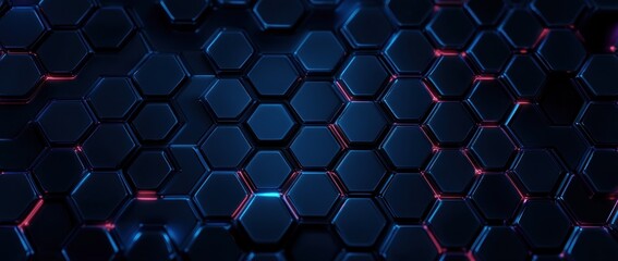 Dark metallic hexagonal grid with glowing blue and red light accents creating a futuristic and high-tech pattern