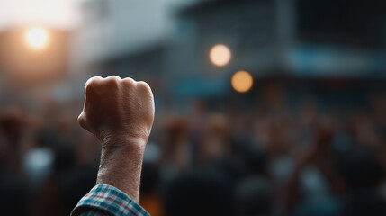 An image of a raised fist, symbolizing strength and solidarity, is set against the backdrop of a crowd, a powerful visual representation of unity and collective action.