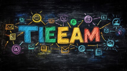 colorful chalkboard lettering reading TIEEAM surrounded by hand drawn envelopes at symbols screens arrows and icons conveying energetic teamwork and creative collaboration