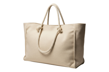 Large beige canvas beach tote bag with thick twisted rope handles on a transparent background