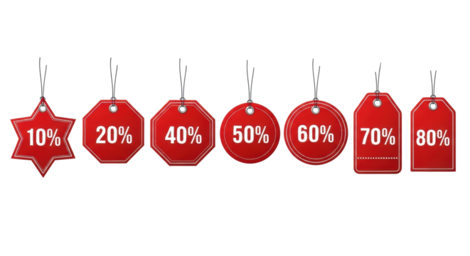 Eight red discount tags, mixed shapes, bold white percentages 10-80%, white border, black string, transparent background, soft shadows, copy space, photorealistic, concept for sales promotion - Powered by Adobe