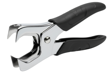 Silver metal staple remover tool with black rubber grip handles on a transparent background