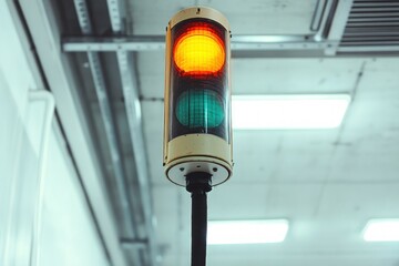 Close-up of industrial signal light with red glowing on top and green light below in a ceiling-mounted metal structure environment
