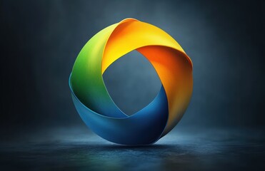 colorful twisted ribbon loop forming a smooth circular torus in blue green yellow and orange on a moody dark studio background, modern elegant and mesmerizing