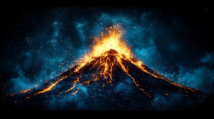 Powerful Volcanic Eruption Spewing Lava Under a Starry Night Sky