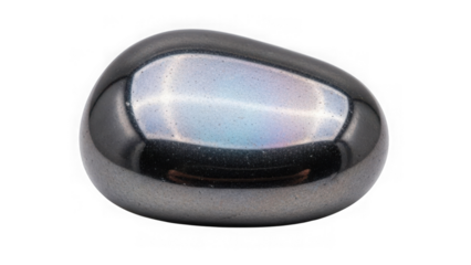 Shiny black stone with iridescent sheen on white