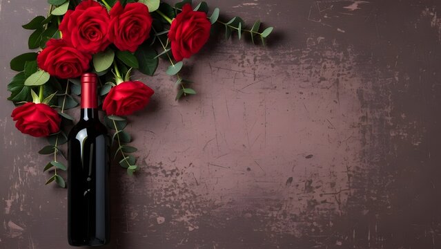 A bottle of wine with red roses on a rustic brown background for valentines day or romantic dinner