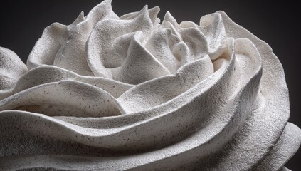 Abstract close-up of textured, undulating forms in a light gray color palette, highlighting a swirling, sculptural design.