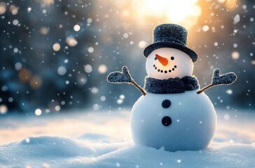 cheerful smiling snowman with top hat, scarf, carrot nose, coal buttons and twig arms in falling snow at golden sunset