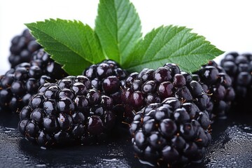 Close-up of fresh juicy blackberries with dewy water droplets and green leaves on a dark reflective surface, vibrant and tempting