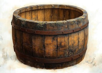 Fototapeta premium empty weathered wooden barrel with rusted metal hoops and visible interior staves, rustic nostalgic and sturdy