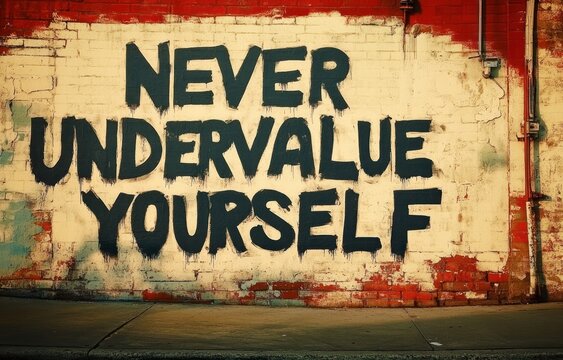 large bold black letters spelling never undervalue yourself painted on a weathered yellow panel on a red brick wall above a sidewalk, gritty urban feel and empowering tone