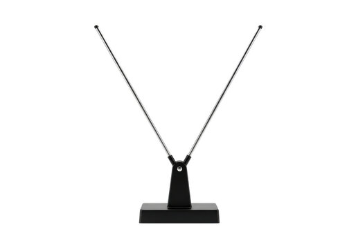 Vintage black rabbit ear TV antenna with silver 'V' rods on a matte base, isolated on a transparent background with copy space, high-angle shot. Nostalgic retro technology concept